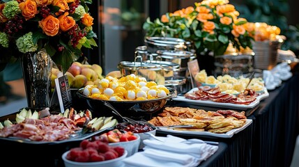 Buffet table featuring hearty breakfast items, like scrambled eggs, pancakes, bacon, and fresh fruit