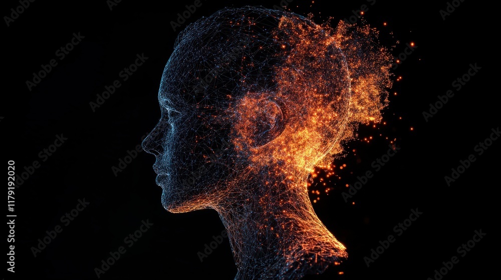 Poster a glowing wireframe of a human profile with neural network visuals and digital particles, symbolizin