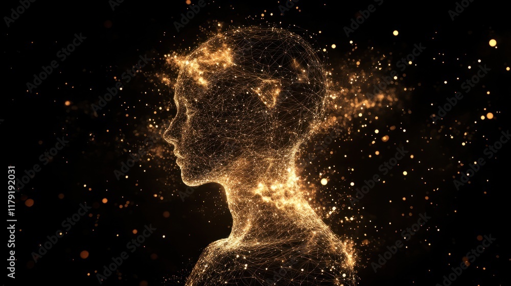 Poster a glowing wireframe of a human profile with neural network visuals and digital particles, symbolizin