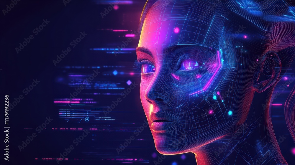 Poster a glowing wireframe of an ai-powered human face surrounded by holographic tech elements and data poi