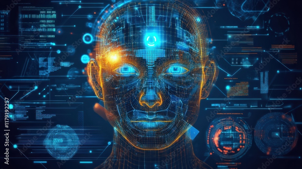 Poster a glowing wireframe of an ai-powered human face surrounded by holographic tech elements and data poi