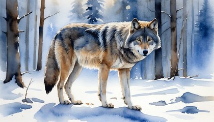 Obraz premium Watercolor illustration of a wolf standing in a snowy forest during the day surrounded by trees and soft light