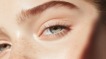 Obraz premium Close-up of a woman's eye with freckles and natural makeup, sunlit.