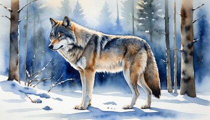 Obraz premium Watercolor painting of a wolf standing majestically in a snowy forest during the day with sunlight filtering through the trees