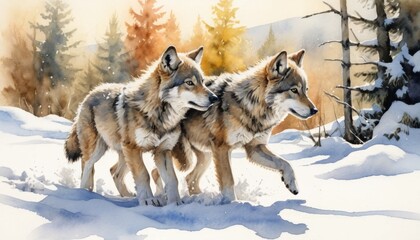 Fototapeta premium Two wolf cubs walk through a snowy forest under a clear sky surrounded by autumn-colored trees during the day