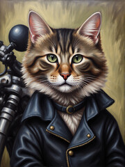 A striking and whimsical portrait of a feline with a unique personality, dressed in a leather jacket and exuding confidence, reminiscent of a biker aesthetic.