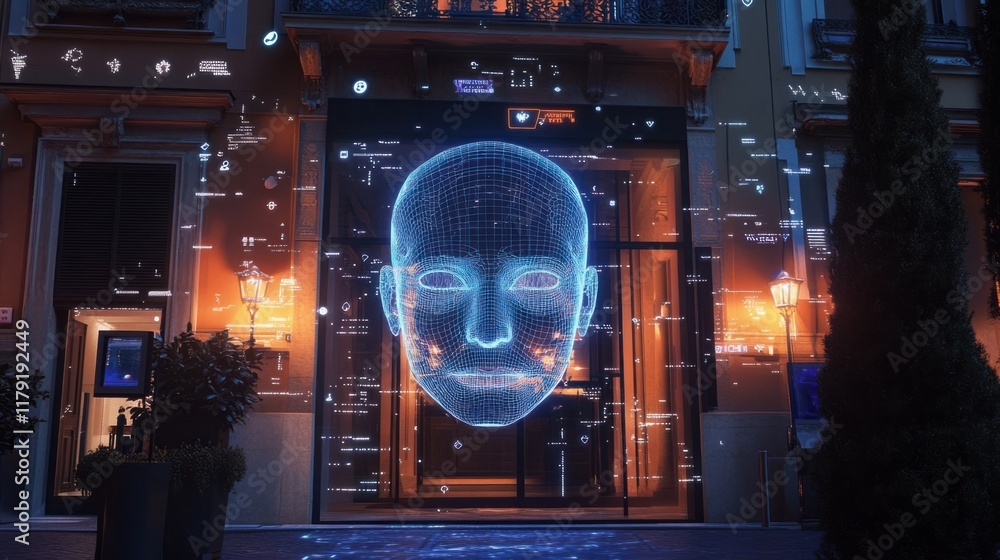 Poster a glowing wireframe of an ai-powered human face surrounded by holographic tech elements and data poi