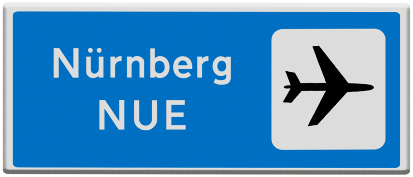 Digital composite. Road traffic sign for Nuremberg NUE airport, one of the ten most busiest airports in Germany with regard passenger numbers...german
