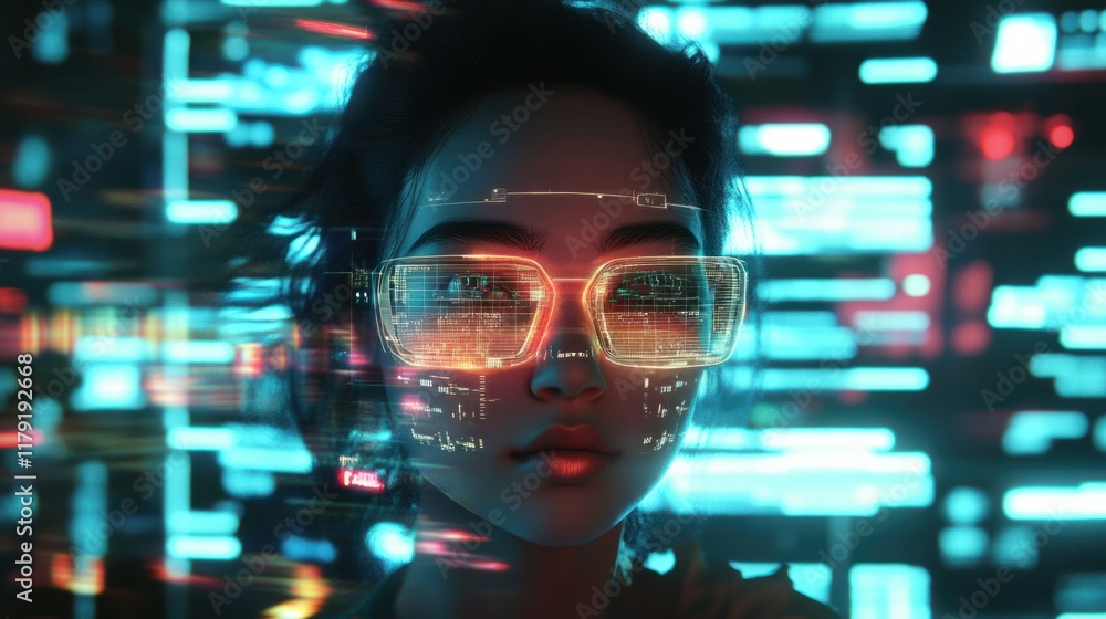 Poster a high-tech ai concept with a glowing digital face surrounded by futuristic visuals and data streams