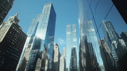 Fototapeta premium View of skyscrapers with mirrored glass facades, reflecting the clear blue sky, isolated in a bustling cityscape, capturing urban energy