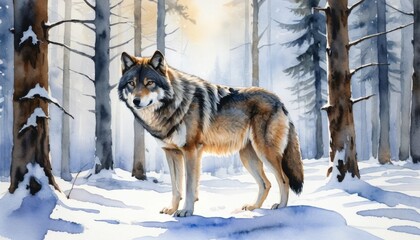 Obraz premium Wolf standing confidently in a snowy forest during the daytime with sunlight filtering through tall trees