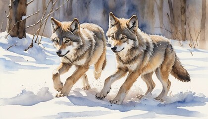 Fototapeta premium Two wolf cubs playfully running through the snowy forest during a sunny day in winter