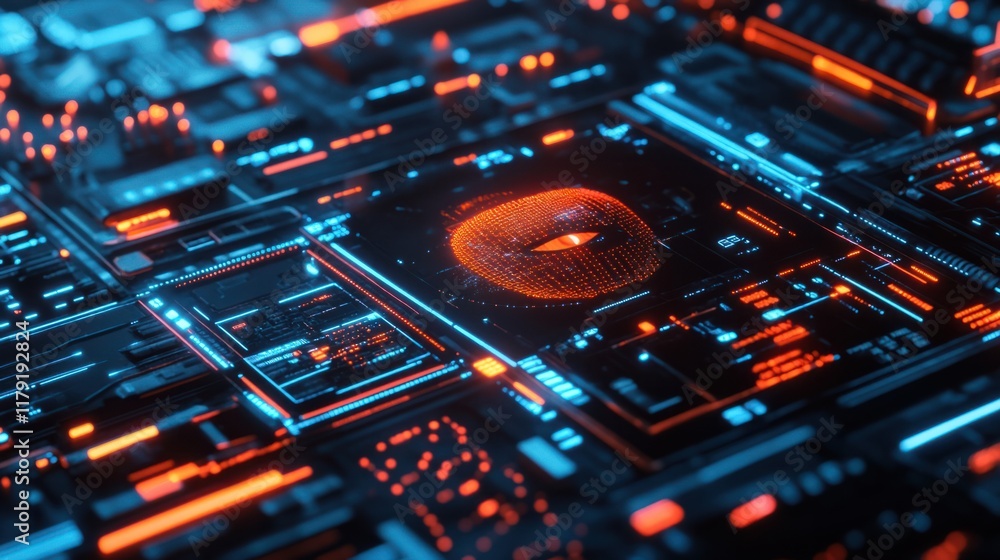 Poster a high-tech ai concept with a glowing digital face surrounded by holographic visuals and data connec