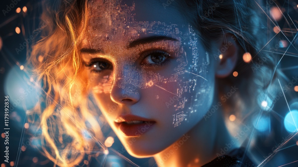 Poster a high-tech ai concept with a glowing digital face surrounded by holographic visuals and data connec