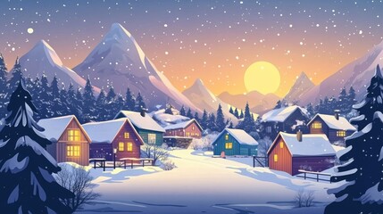 Fototapeta premium Cozy Winter Village at Sunset with Snowy Mountains and Trees