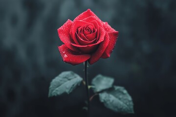 A stunning red rose with dew drops, set against a dark background, highlighting its beauty and elegance.