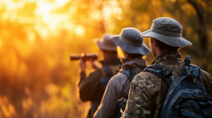 Team of rangers preparing for wildlife census, vibrant natural environment, professional gear and focused energy