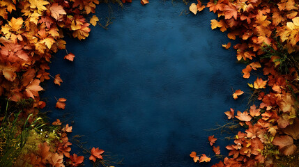 Autumn Leaves Frame a Deep Blue Textured Background Elegantly with Vibrant Colors Beautifully.