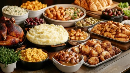 Open buffet offering a variety of comfort foods, including mashed potatoes, fried chicken, and gravy