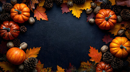 Autumn Frame Composition Creates a Festive Background with Pumpkins, Leaves, Pine Cones, and Walnuts on a Dark Surface.
