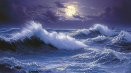 Fototapeta premium Turbulent ocean waves under a bright full moon at night.