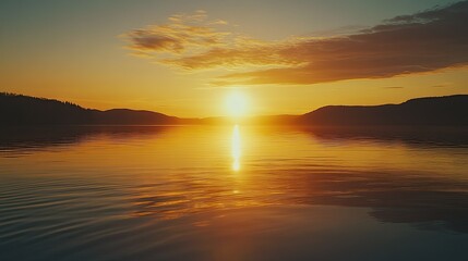 Obraz premium Tranquil Sunrise Over Calm Lake with Reflective Water Surface