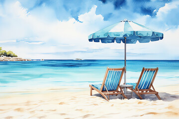 Obraz premium Gorgeous Two lounge chairs and umbrella on the beach in the style
