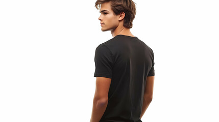 Fototapeta premium Man wearing black t-shirt looks over his shoulder against white background, presenting back view.