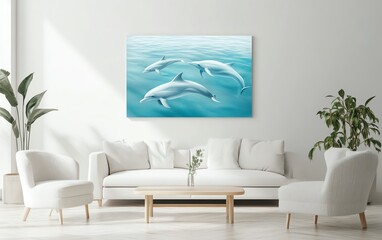 Serene painting of three dolphins gracefully swimming in turquoise ocean water. Perfect for home decor, adding a touch of tranquility and nature.