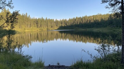 Tranquil Mountain Lake Surrounded by Lush Green Forest Landscape