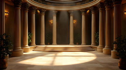 Classical Interior with Columns and Steps illuminated by Natural Light in a Circular Room