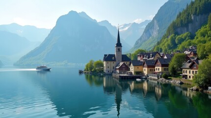 Fototapeta premium Hallstatt Lakeside Serenity: Picturesque Austrian Village nestled in the Alps 