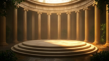 3D Rendered Circular Stage with Columns and Plants with Sunlight from Above