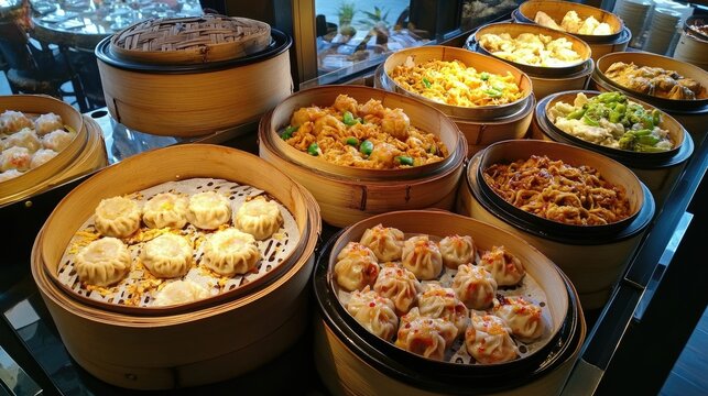Open buffet table with Asian cuisine, including dim sum, fried rice, and noodle dishes