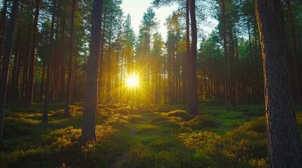 Obraz premium Serene Forest Landscape with Golden Sunlight and Lush Greenery