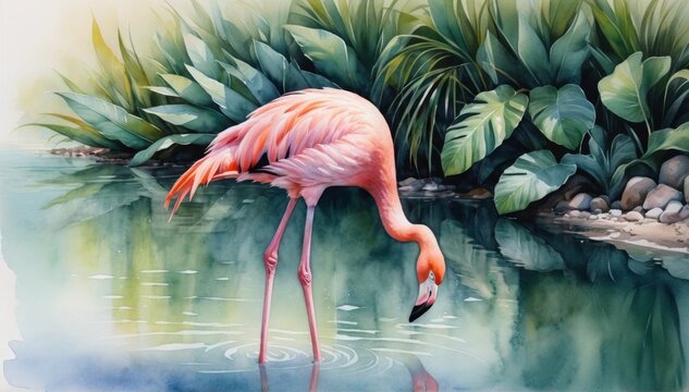 Watercolor illustration of a flamingo wading in calm waters surrounded by lush greenery during the day