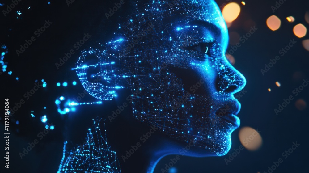 Poster a high-tech concept of an ai-powered human profile, glowing with vibrant blue circuits and data stre