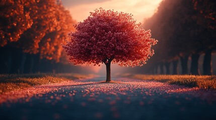Solitary Blossom Tree on a Road at Sunset