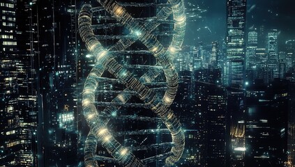 A double helix DNA chain is seen against the backdrop of an illuminated cityscape at night, with digital connections and symbols representing advanced biotechnology in futuristic medical research.