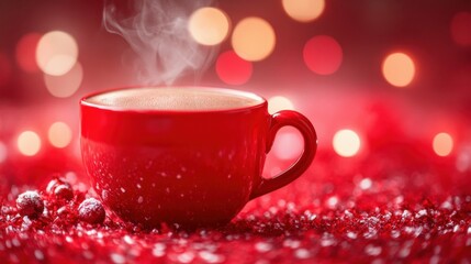 Close-up of a steaming red coffee cup, rich aroma, cozy atmosphere, vibrant bokeh background