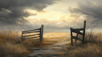 Fototapeta premium Broken fence in an open field under a cloudy sky, realistic depiction of isolation, isolated with a soft gradient background for artistic rendering.