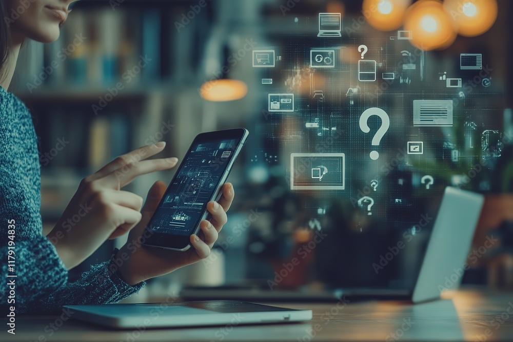 Poster image features a close-up of hands operating a smartphone and laptop on a desktop, with a blurred ab
