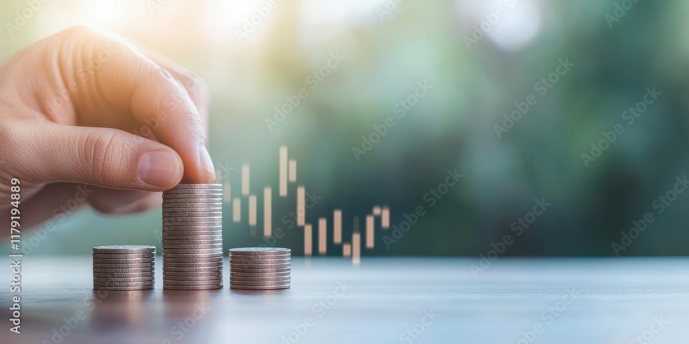 Poster hand stacking coins with graph indicators in background