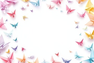 Colorful Origami Cranes Framing a Blank Space