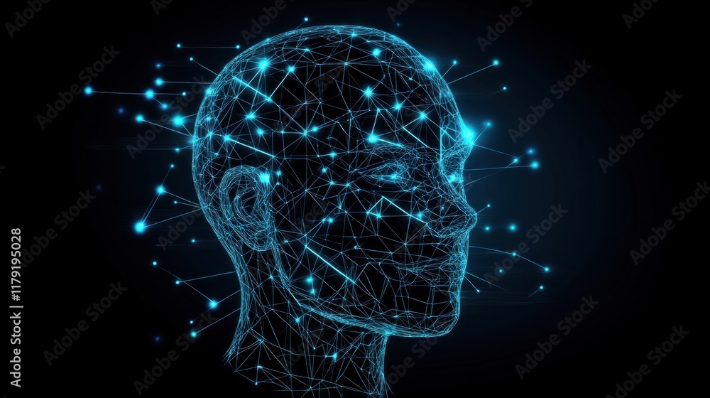 Poster a wireframe head with glowing connections and futuristic elements, representing artificial intellige