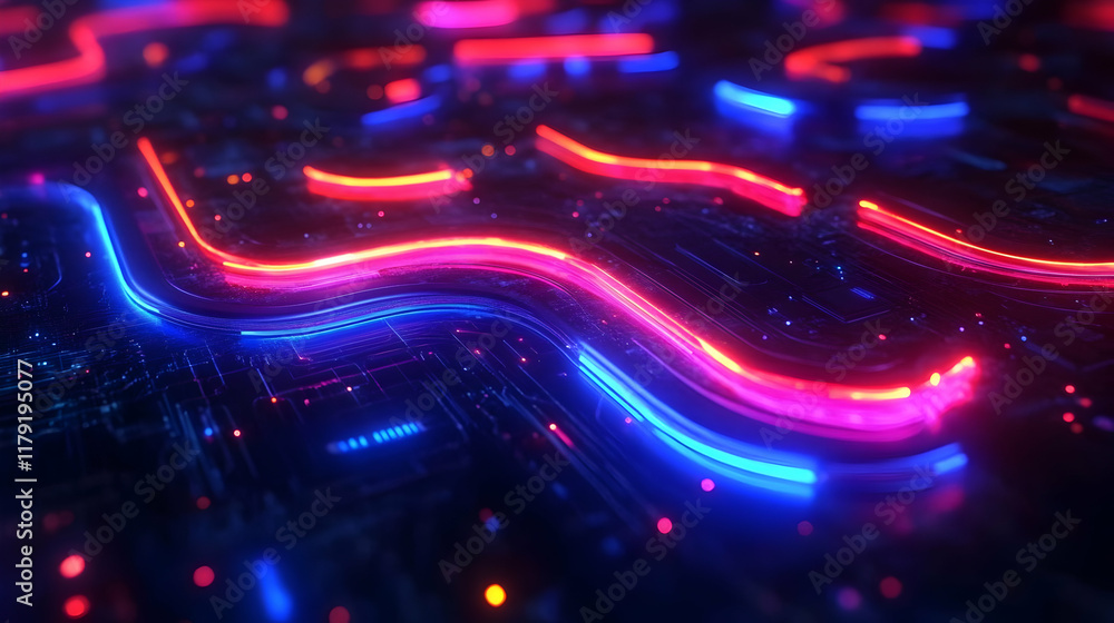 Aufkleber neon light trails flow across a circuit board with glowing details and dynamic illumination.