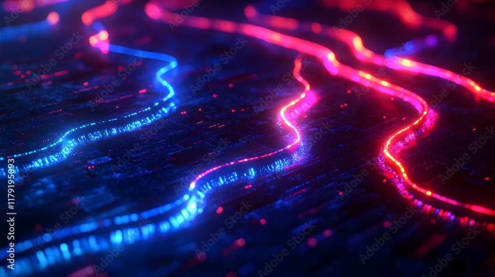 Poster abstract 3d background with glowing neon lines flowing across dark surface