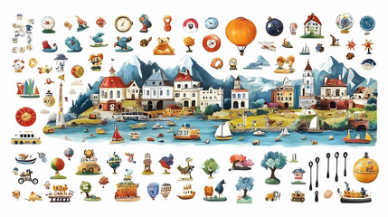 Whimsical Illustration Showcases a Coastal Town with Playful Figurines and Objects Scattered Around