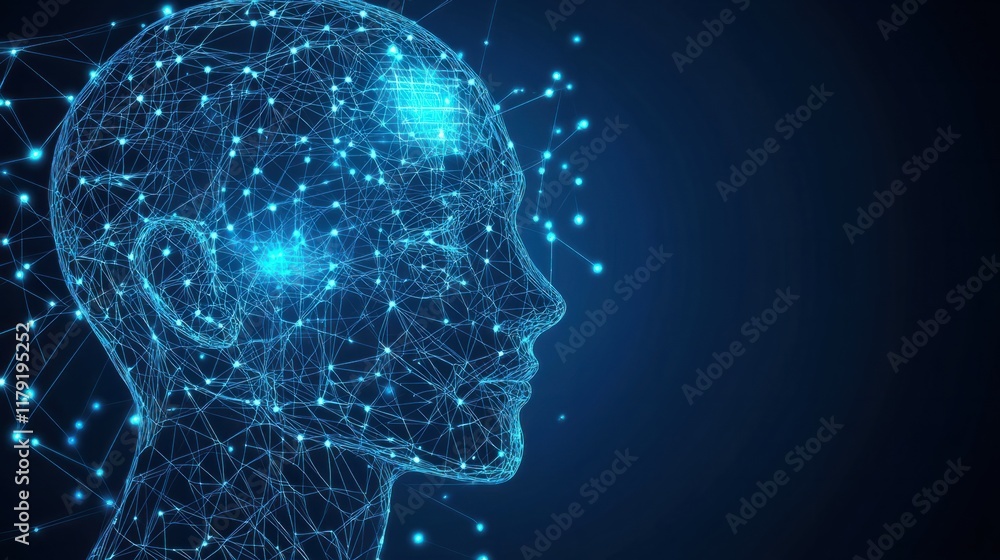 Poster a wireframe head with glowing connections and futuristic elements, representing artificial intellige