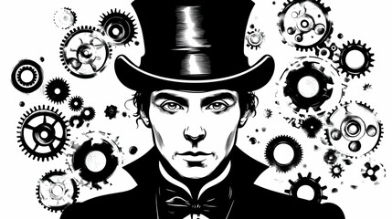 Man in Top Hat with Gears Illustration Represents Innovation, Creativity, and Industrial Design Boldly.